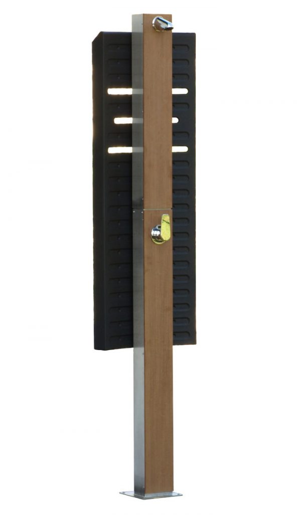 Front view of the garden shower Solstar showing the special form of its unique, high performance solar collector.
